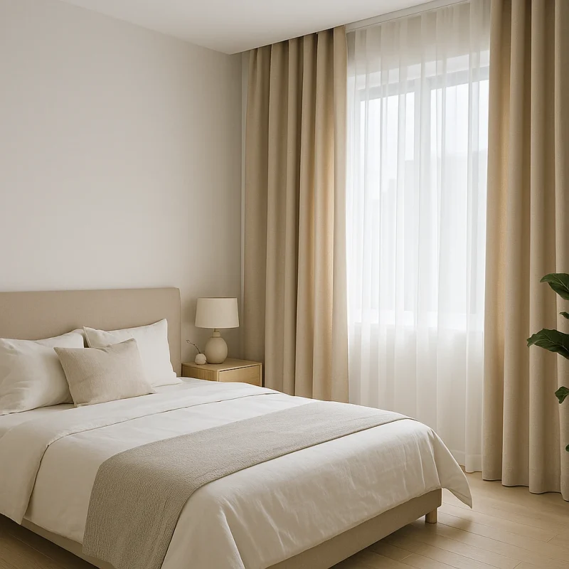 Dormitorio moderno con visillo blanco y cortina beige para un ambiente fresco