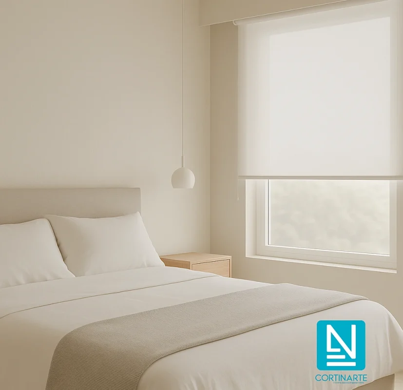 Dormitorio con estor screen blanco perla y luz suave