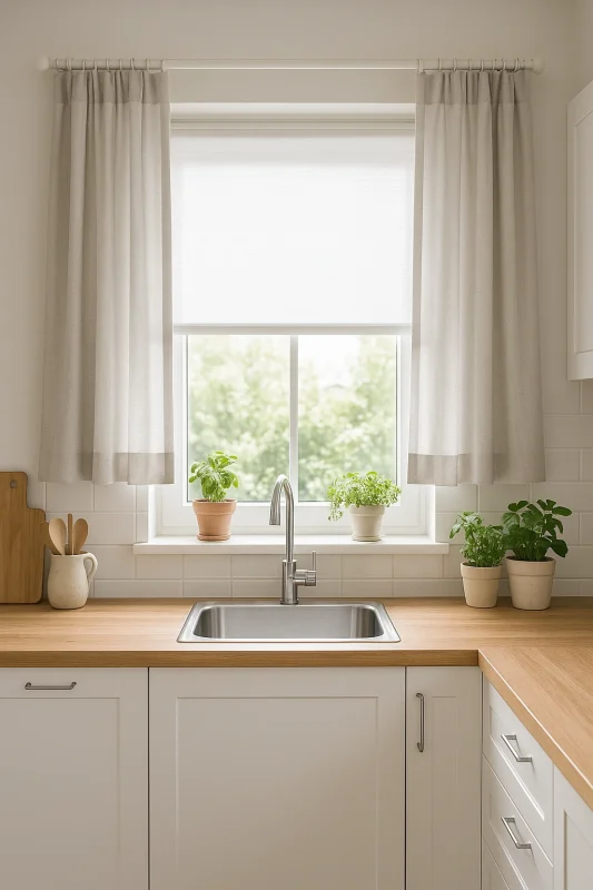 Cocina luminosa con estor screen blanco y cortinas de algodón para verano.