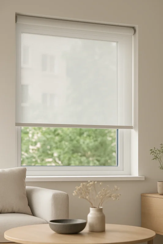 Ventana con estor enrollable screen blanco en salón moderno
