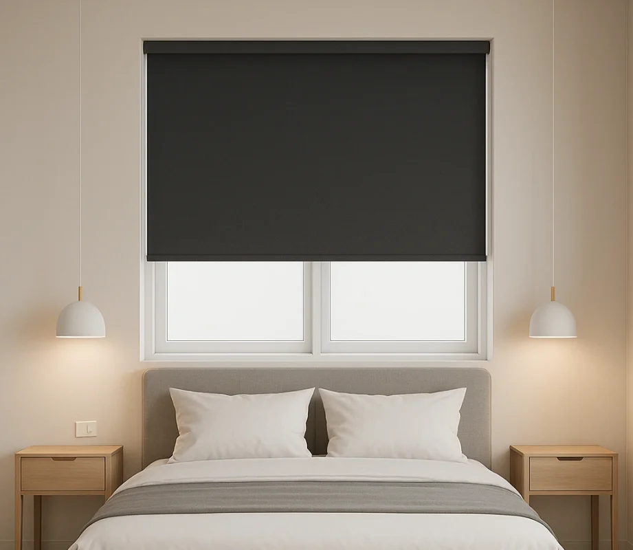 Dormitorio moderno con estor screen gris oscuro para mayor intimidad y control de luz