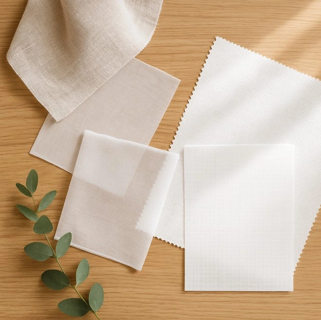 Muestras de cortinas frescas para verano sobre mesa de madera