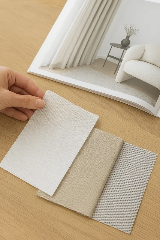 Muestras de tejidos modernos para cortinas y estores en salón