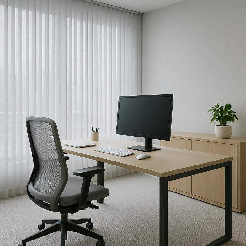 Oficina con cortinas verticales screen grises y mobiliario moderno