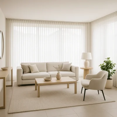 Salón moderno con cortinas de lamas verticales blancas en grandes ventanales