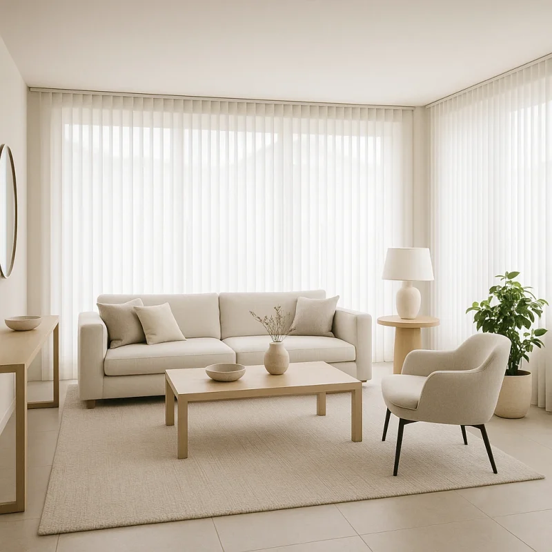Salón moderno con cortinas de lamas verticales blancas en grandes ventanales