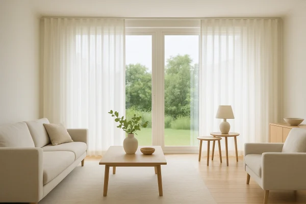 Salón moderno con cortinas de lino blancas y decoración minimalista de verano