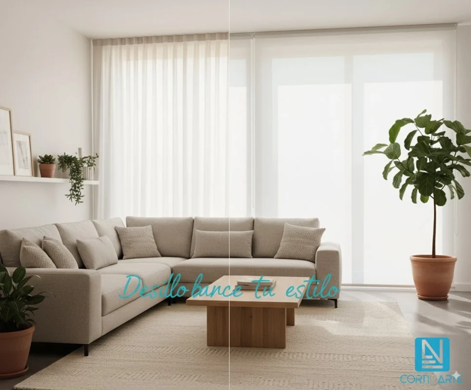 Comparativa de visillo y estor screen en salón moderno con luz natural