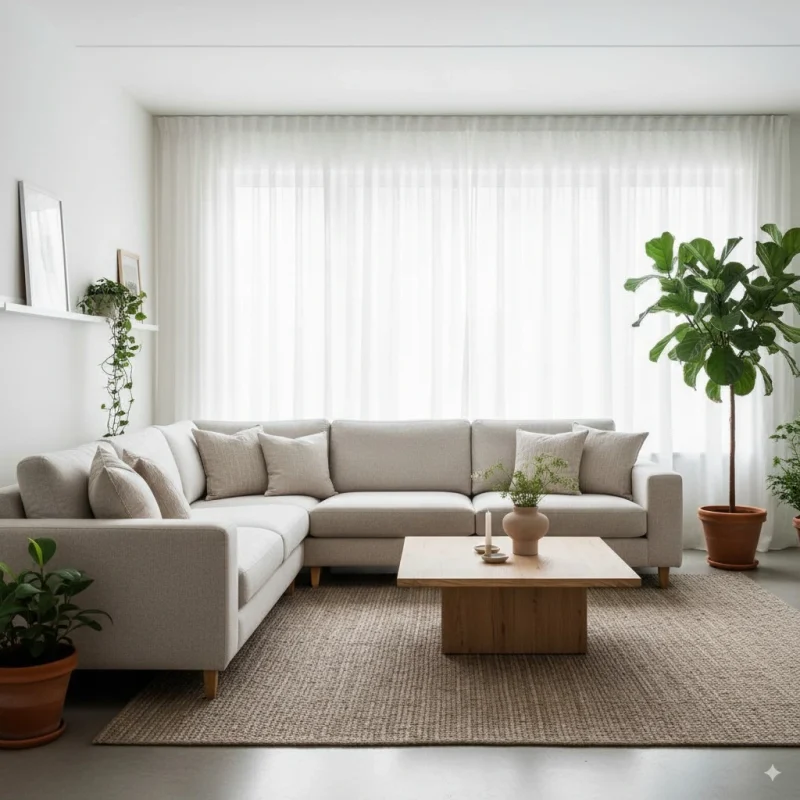 Salón moderno con visillos blancos de lino a medida filtrando la luz natural