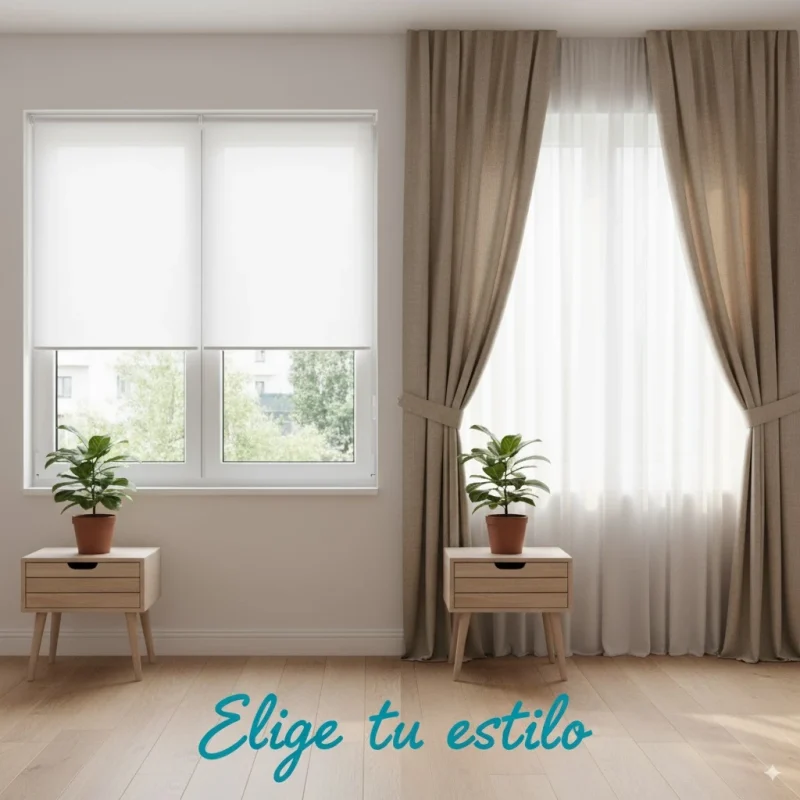 Comparativa visual entre estores screen y cortinas de lino en salón moderno