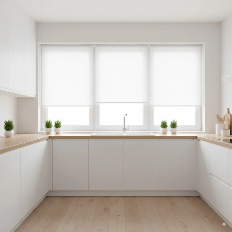 Cocina moderna con estores screen blancos en las ventanas