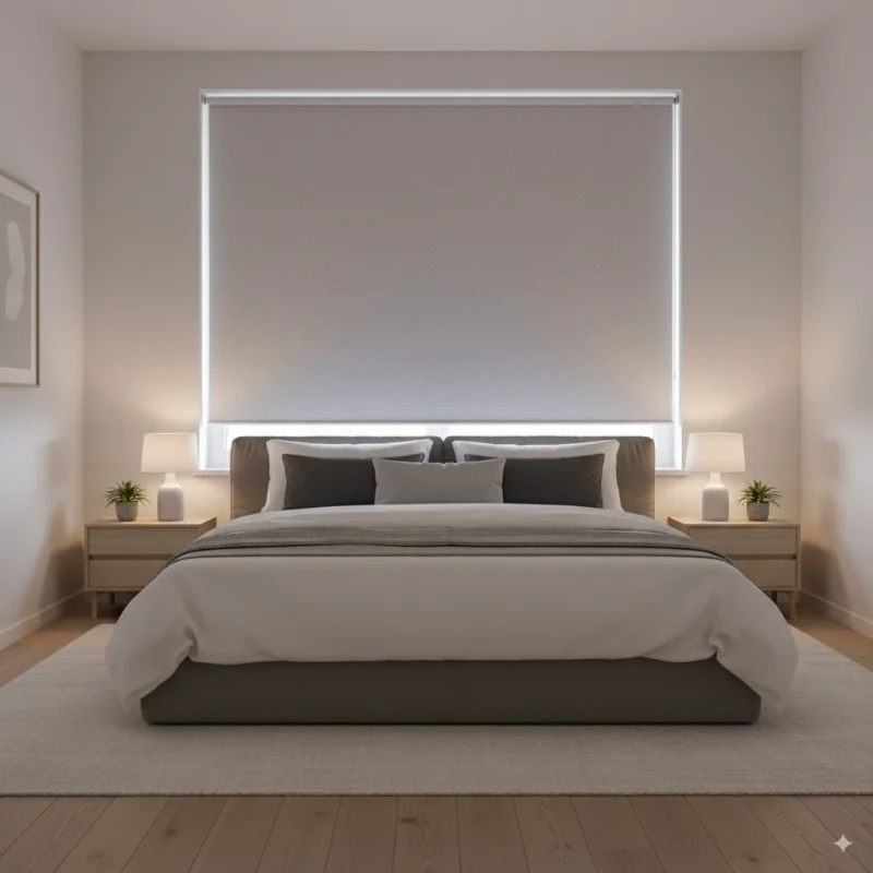 Dormitorio moderno con estor blackout gris claro bajado para máximo confort
