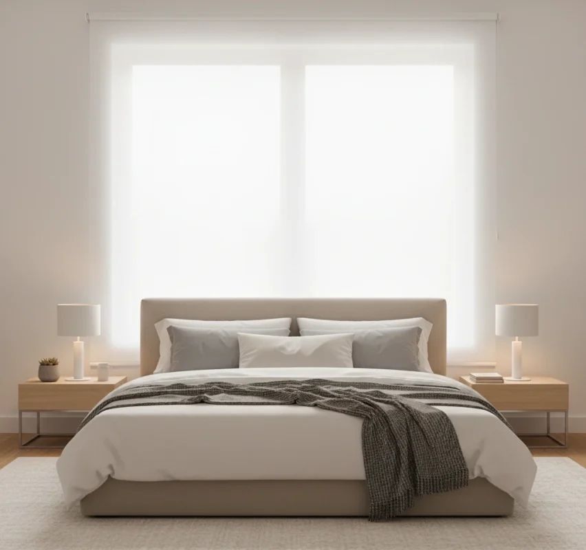 Dormitorio moderno con estor translúcido blanco que filtra la luz natural con elegancia.