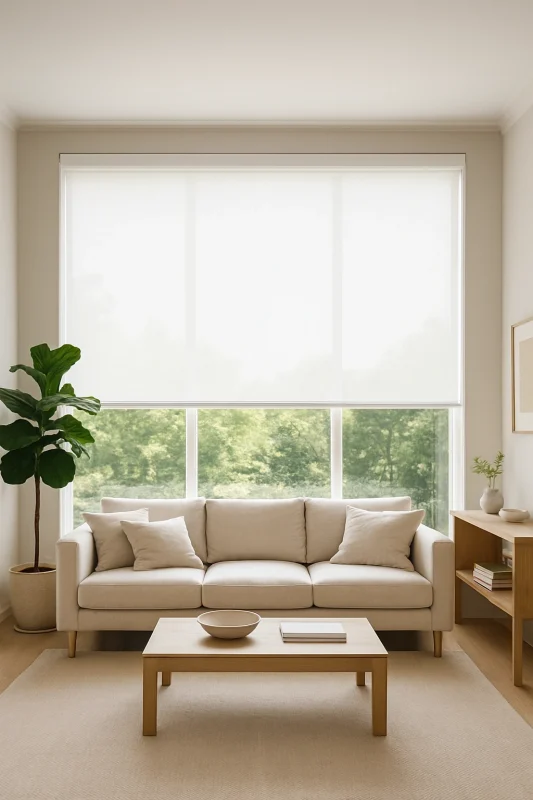 Salón con estor screen blanco que deja pasar mucha luz y aporta frescura al ambiente.