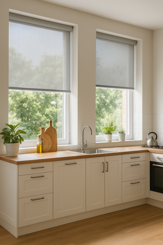 Cocina moderna con estores screen apertura 5% para máxima entrada de luz