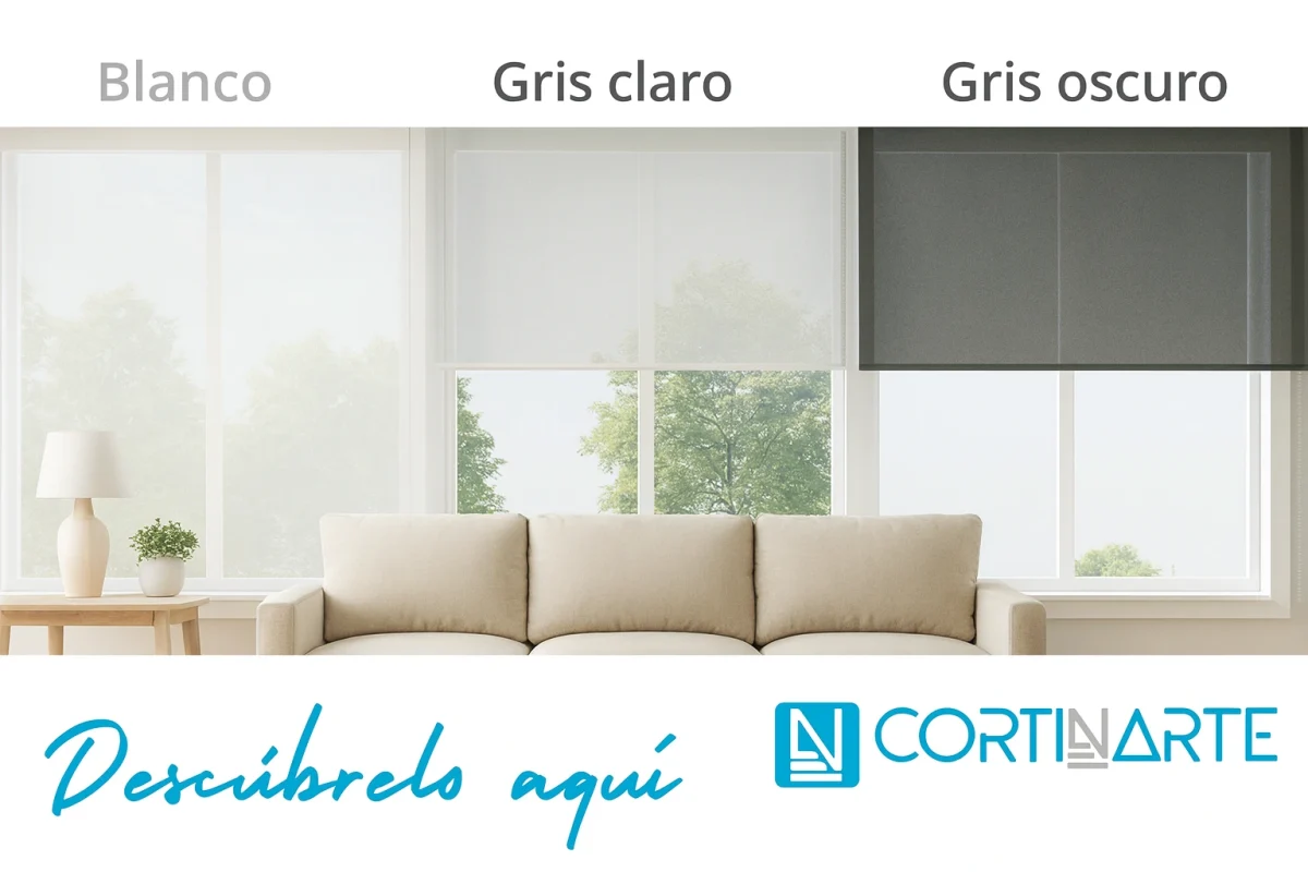 Comparativa visual de estores screen blancos, grises claros y grises oscuros mostrando cómo cambia la luz interior.
