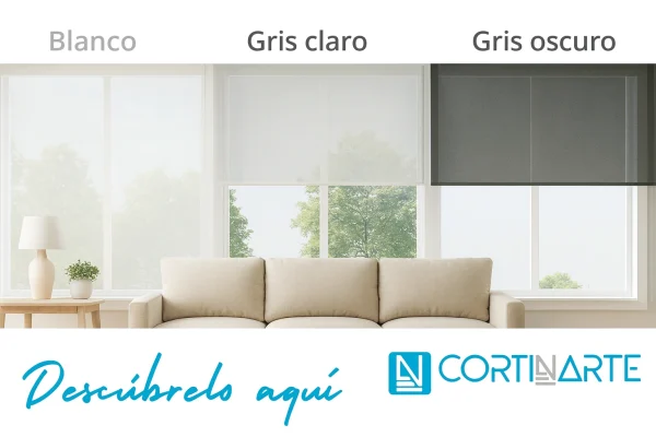 Comparativa visual de estores screen blancos, grises claros y grises oscuros mostrando cómo cambia la luz interior.