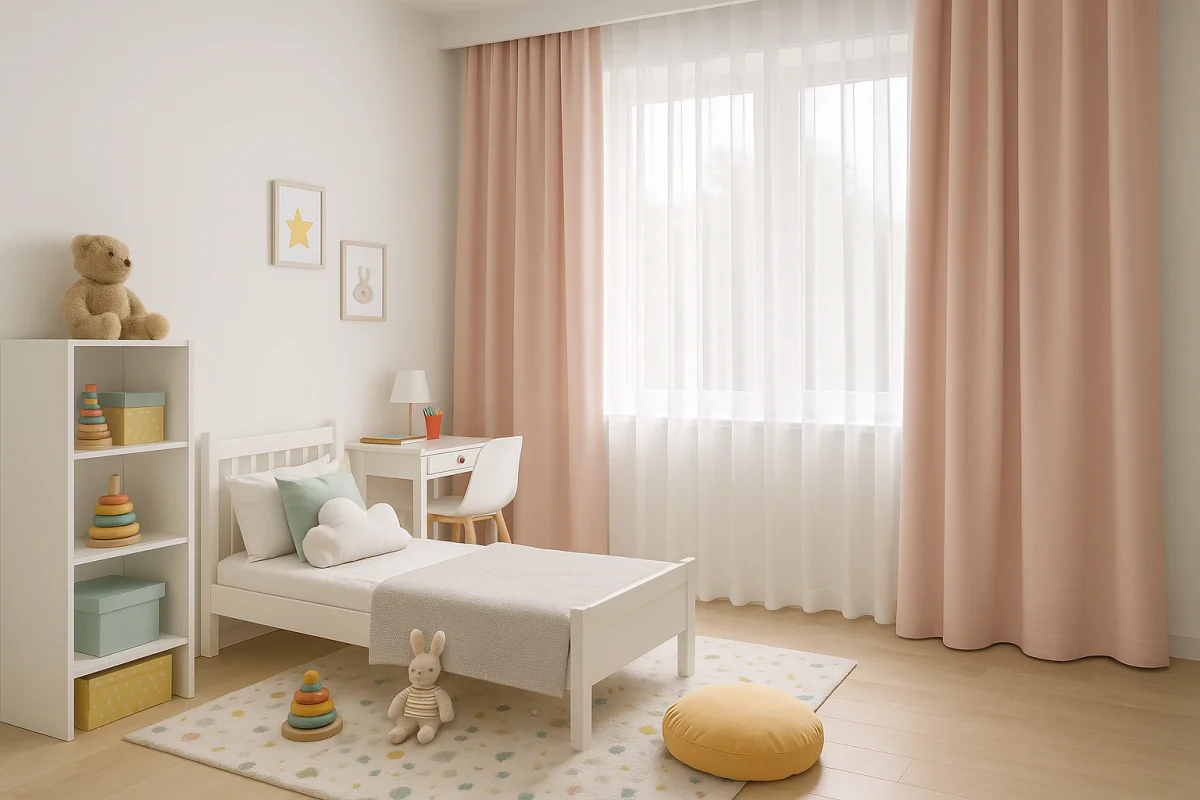 Habitación infantil con visillos y cortinas opacas en tonos pastel