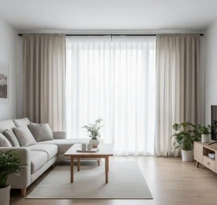 Cortinas de lino y visillos blancos en salón con ventanal grande
