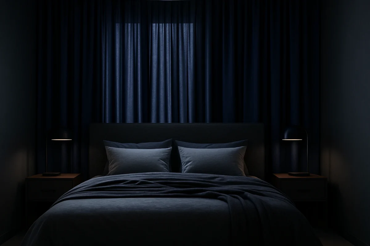 Dormitorio elegante con cortinas blackout en azul marino