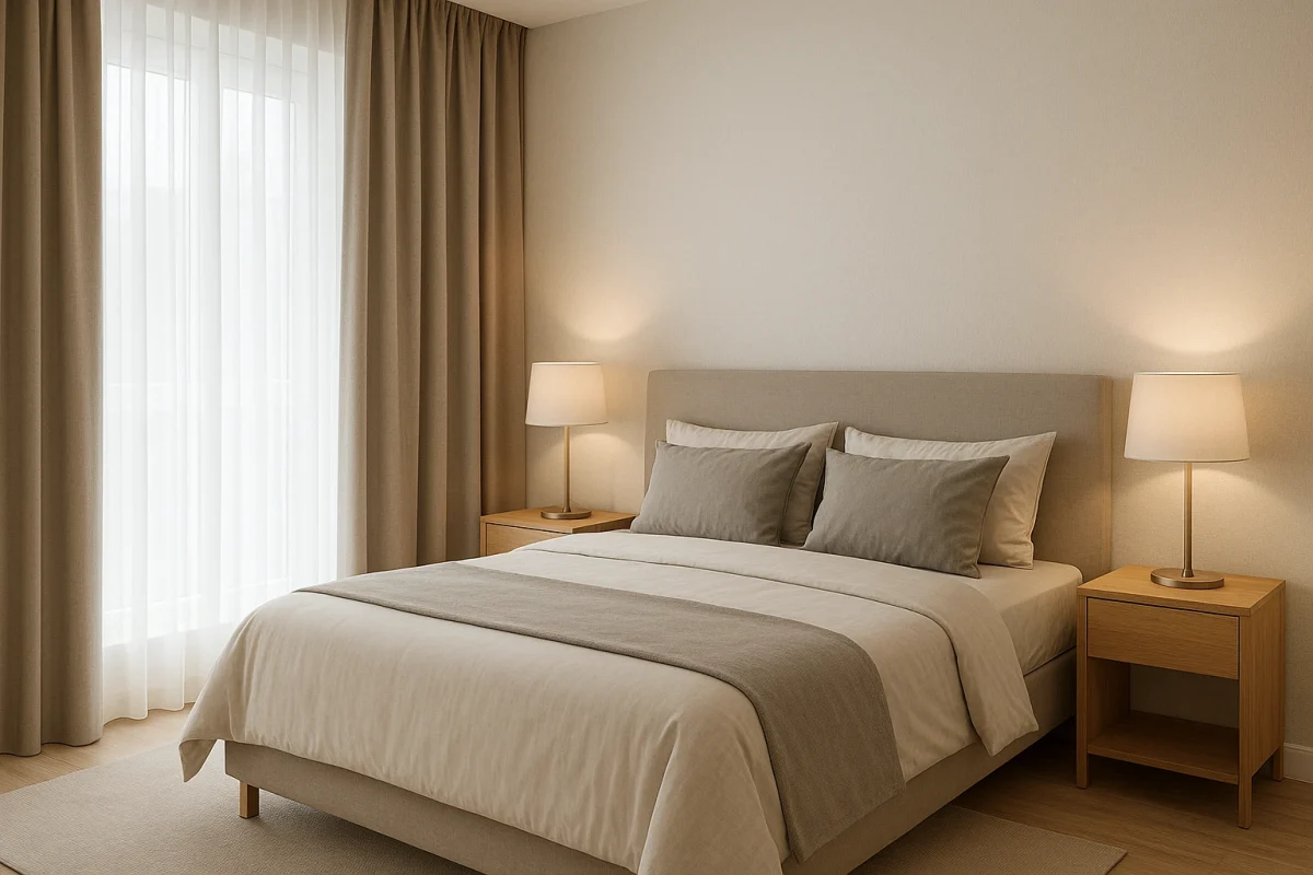 Dormitorio moderno con cortinas blackout beige y visillos blancos