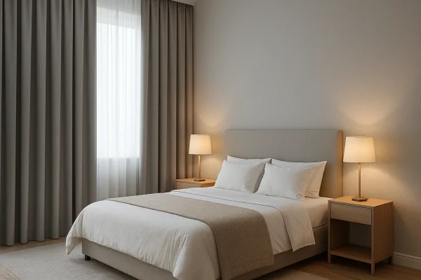 Dormitorio moderno con cortinas opacas blackout en gris perla
