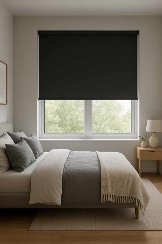 Dormitorio con estor screen apertura 1% que filtra la luz para mayor privacidad