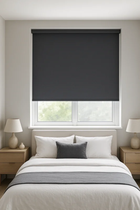Dormitorio moderno con estor screen gris oscuro que filtra la luz para mayor intimidad.