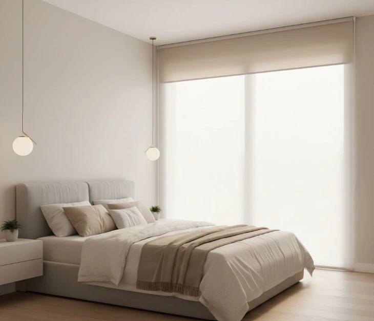 Dormitorio moderno con estores enrollables dobles translúcido y opaco