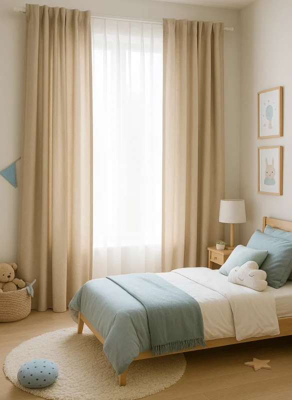 Dormitorio infantil con cortinas de lino beige que filtran la luz natural