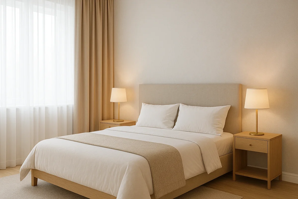Dormitorio elegante con visillos blancos y cortinas opacas beige