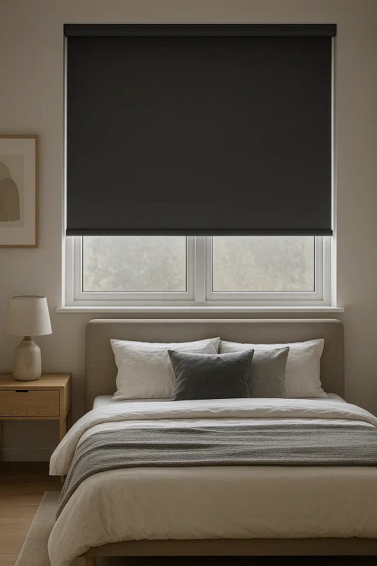 Cocina luminosa con estores screen a medida en color blanco.