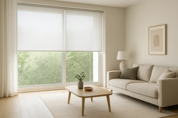 Dormitorio moderno con estor screen a medida en gris oscuro.