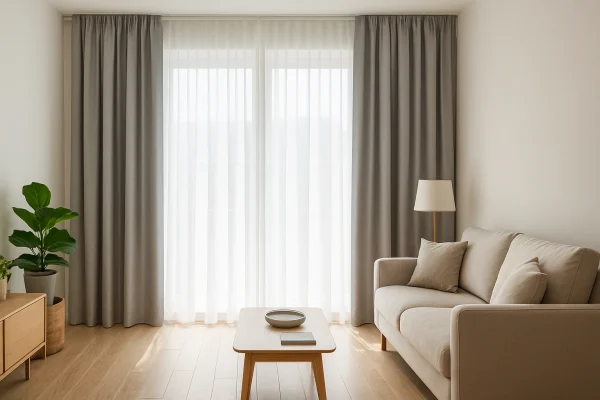 Salón moderno con cortinas a medida en gris claro