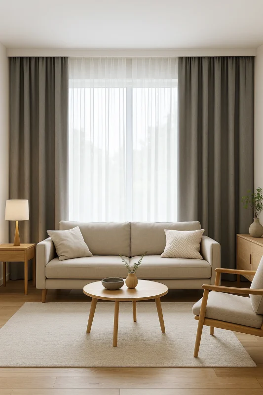 Salón moderno con visillo blanco y cortina blackout gris.