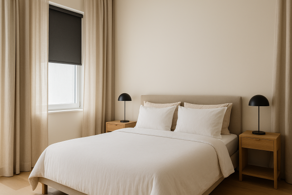 Salón moderno con estor blanco y cortinas de lino beige combinadas