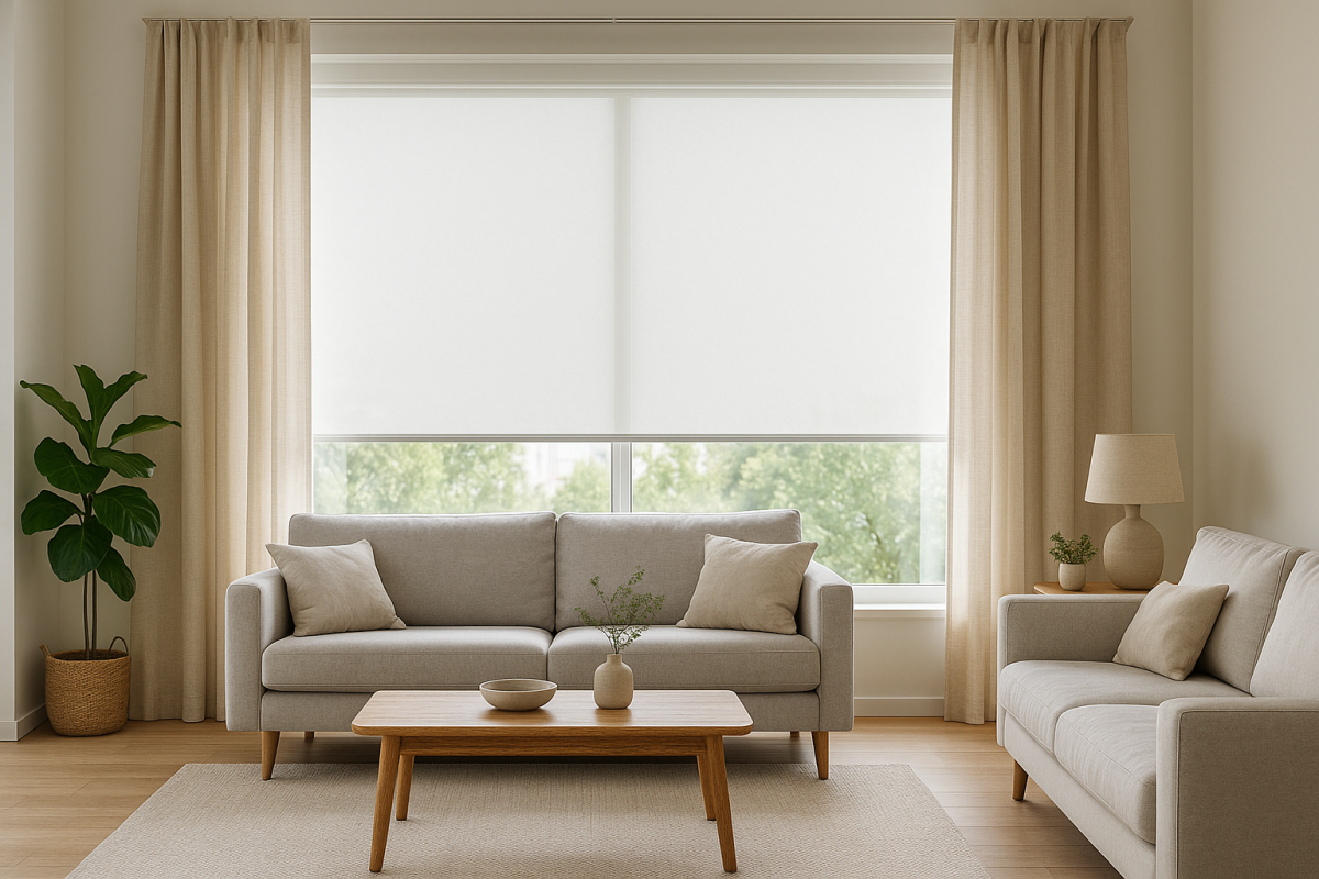Salón moderno con estor blanco y cortinas de lino beige combinadas