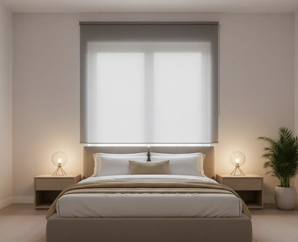 Dormitorio moderno con estor translúcido gris y luz natural suave