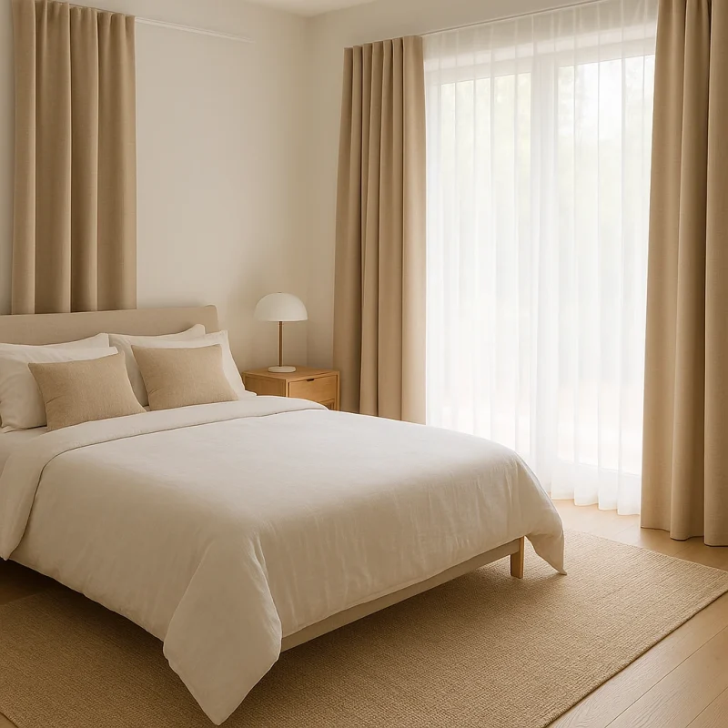 Dormitorio elegante con cortinas blackout y visillos en oferta Black Friday