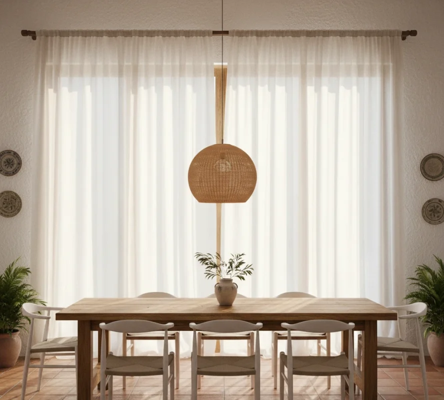 Comedor mediterráneo con cortinas blancas ligeras