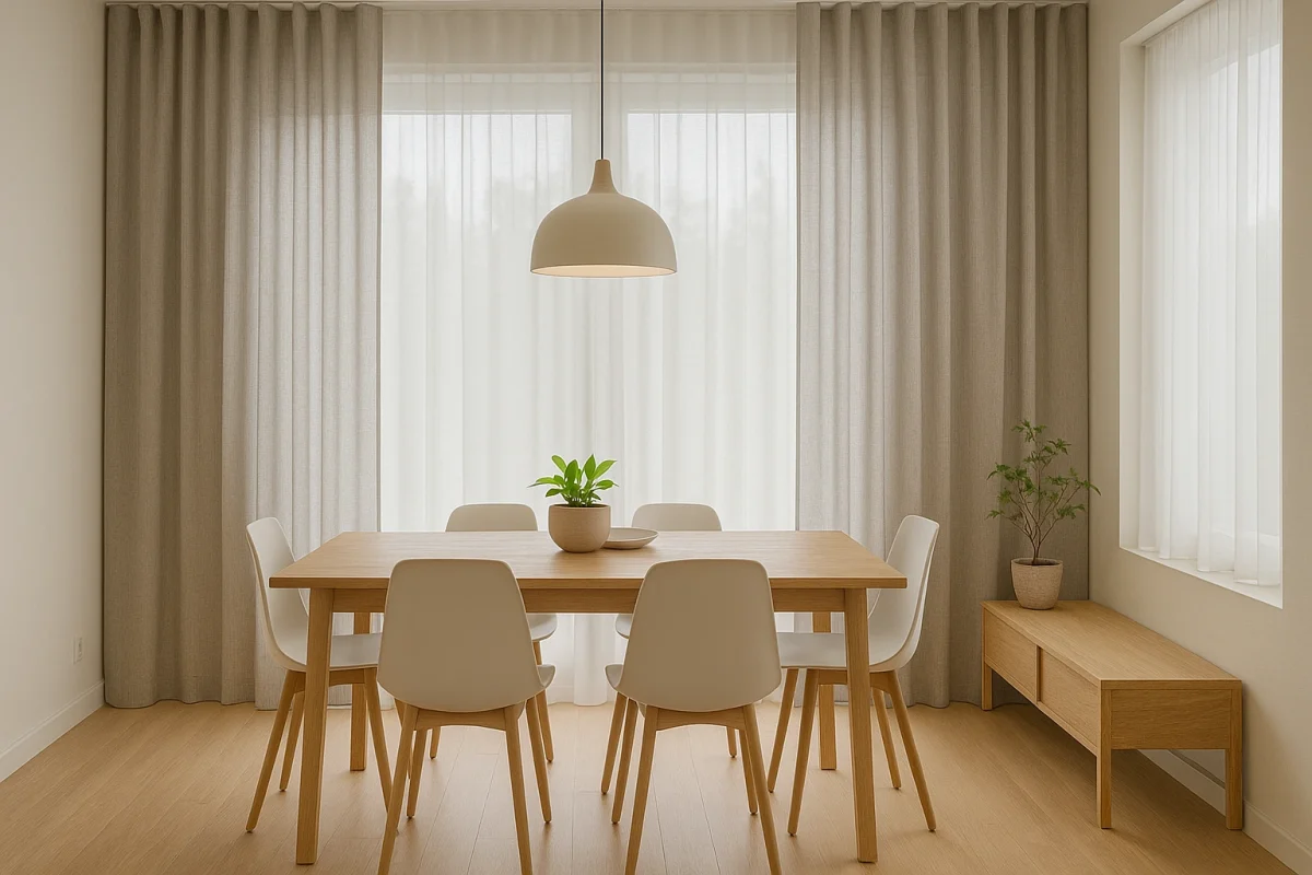 Comedor moderno con cortinas de lino gris claro