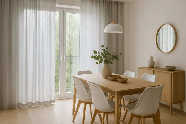 Comedor nórdico con visillos con textura gris perla