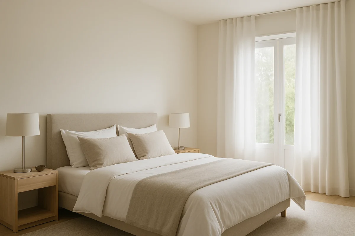 Dormitorio con cortinas blancas de lino y luz suave
