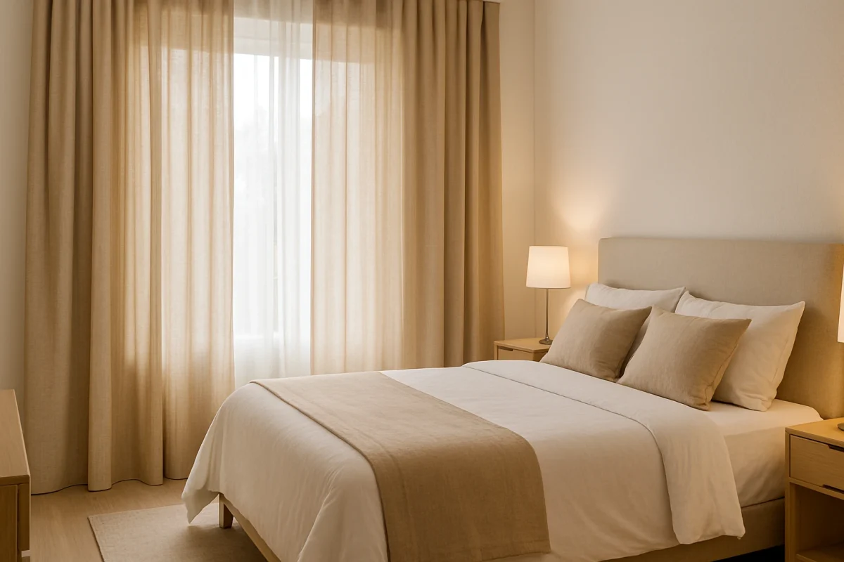 Dormitorio moderno con cortinas de lino beige