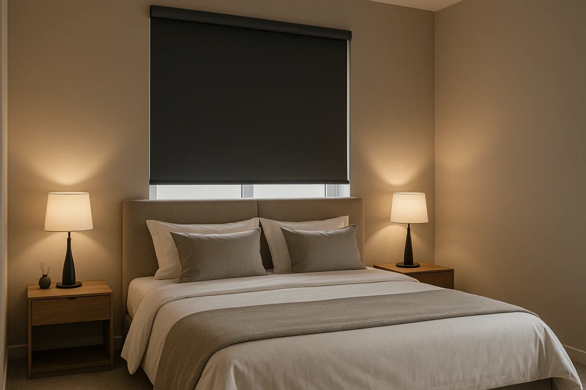 Dormitorio elegante con estor opaco gris oscuro