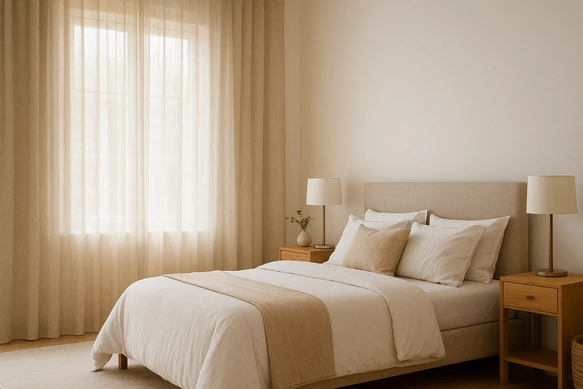Dormitorio con visillos con textura beige de lino