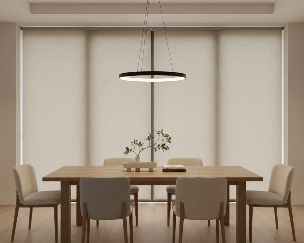 Comedor moderno con estores opacos beige en ventanal corredero