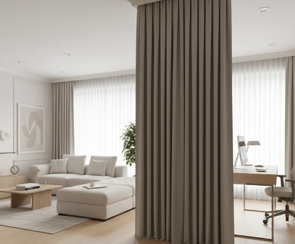 Dormitorio moderno con panel japonés gris perla separando el vestidor