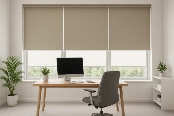 Oficina moderna con estores opacos beige