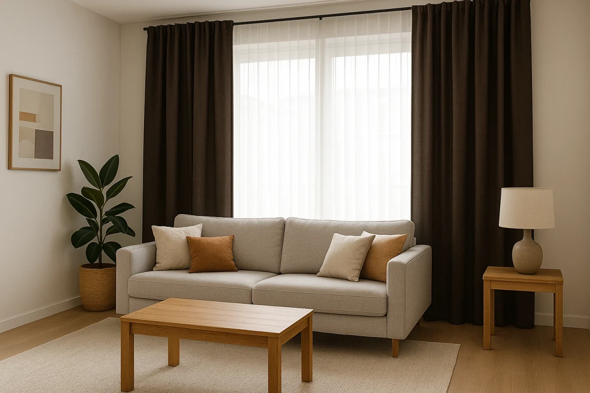 Salón moderno con cortinas color tierra y visillos blancos